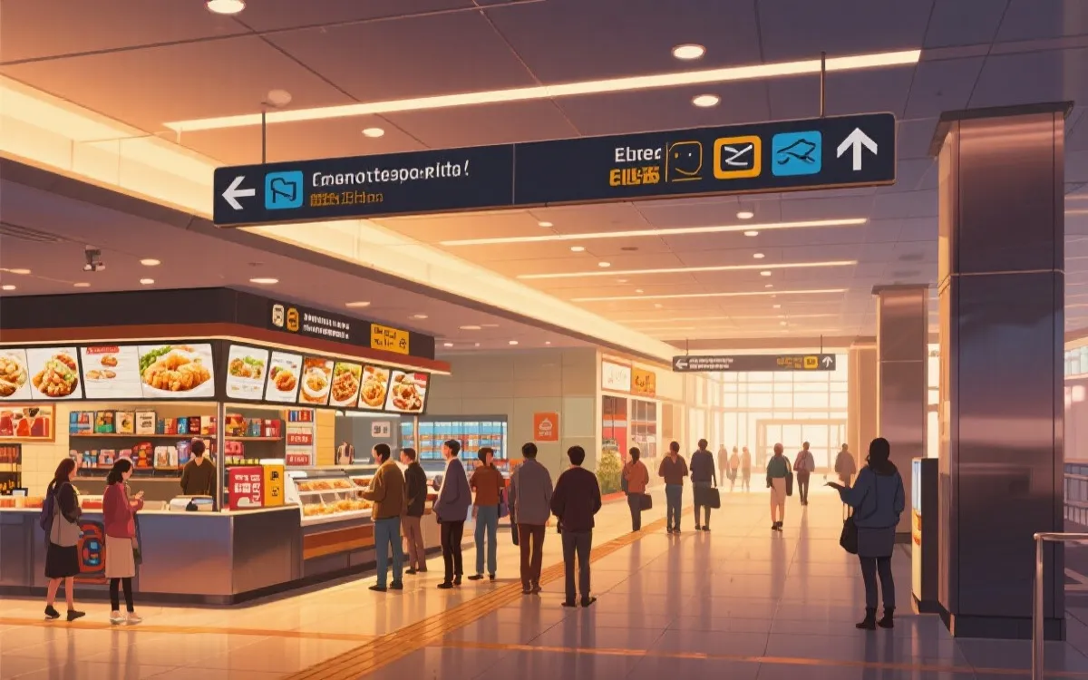 球场内部餐饮与官方周边店分布示意：排队与动线交汇点