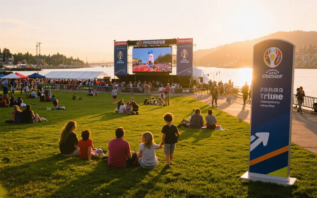 温哥华户外Fan Zone公共观赛，分区动线与服务点位清晰的城市运营场景
